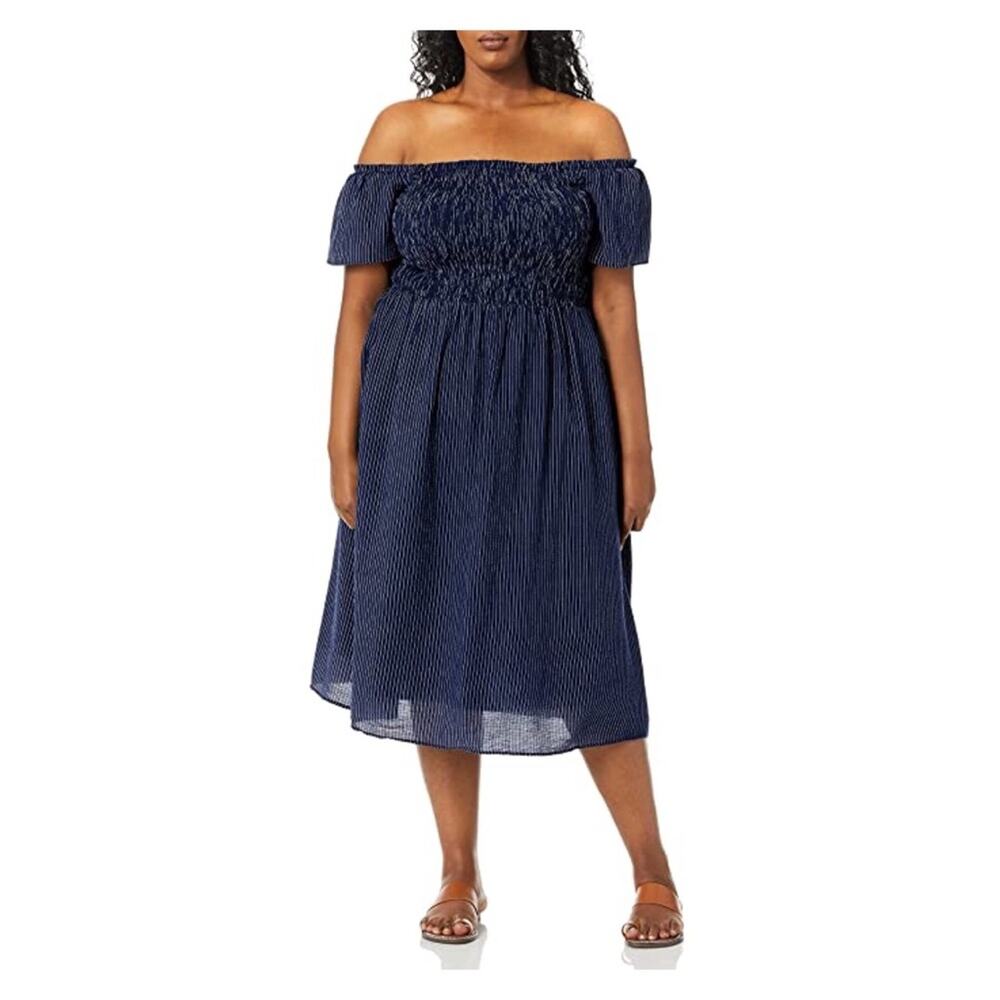City Chic Blue&White Stripe Off The Shoulder Smocked Midi Dress Sz.L(20)